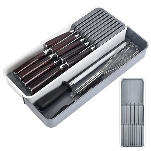 HEKOBAG Drawer Knife Organizer, Expandable Kitchen Cutlery Holder for 9 Blades (14-22.5cm) – Large Multi-Purpose Utensil Tray & Storage System for Knife Sets