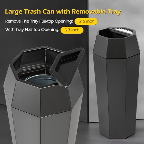 Image of Dyna-Living Commercial Trash Can Large Garbage Can with Lid, Open-top Tall Stainless Steel Trash Bin Industrial Garbage Container for Patio Lobby, Black