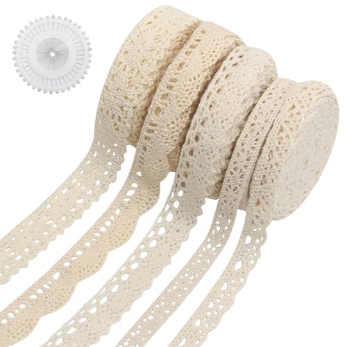 Pack de 5 rollos encaje beige vintage puntilla de 5 yardas, cinta decorativa blonda con alfileres para DIY manualidades regalos scrapbooking costura
