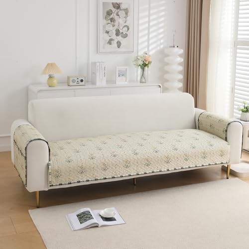 Image of HOKIPO 'HomeHues Series' Printed Quilted Sofa Seat Mat for 1 Seater Sofa with 2 Armrest Covers with Pockets, Light Green Ash Gypsy Flower (IN-806-D5 + IN-814-D5*2)