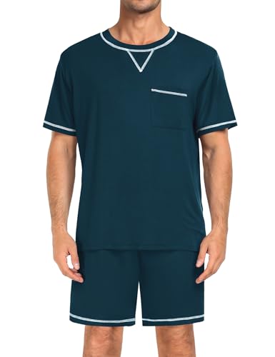 Image of SWOMOG Mens Pajamas Set Summer Sleepwear Short Sleeve Pjs Set Soft 2 Piece Lounge Set Comfy Loungewear with Pockets