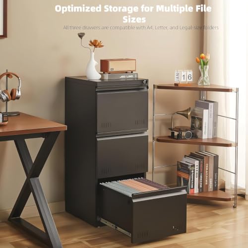 Image of Guizeeopo Metal File Cabinet with Lock, Vertical 3 Drawer File Cabinets for Home Office, Heavy Duty Office Storage Cabinet for A4 /Letter /Legal Size, Assembly Required(Black)