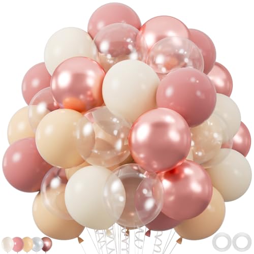 Image of 100pcs Retro Blush Pink Balloons, 12 Inch Vintage Dusty Pink, Rose Gold Sand White Nude & Clear Balloon for Weddings, Baby Showers, Bridal Showers,Disco Nights, Birthday Decoration