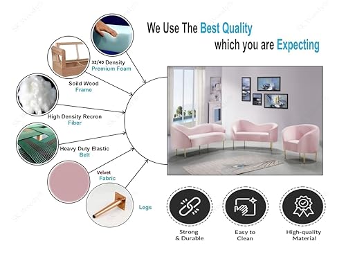 Image of Rosewood Luxury Curved Sofa in Premium Velvet-Fabric | Solid Wood Structure | High Density Foam | Sturdy Golden Legs | Comfortable & Stylish Couch for Modern Living Room (Pink, 1 Seater)