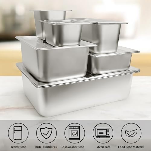 Image of 6 Set Stainless Steel Hotel Pans 1 /2 Size 6 Inch Deep With Lids, Anti-Jam Chafing Steam Table Pans, Catering Food Storage Metal Pan