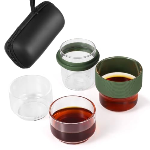 Juego de té de vidrio de viaje con infusor, tazas de té y funda protectora