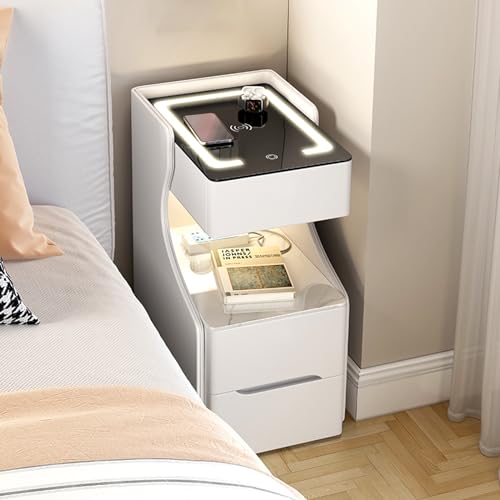 Moderna mesita de noche con estación de carga, 3 cajones y luces LED, elegante mesita de noche para dormitorio y sala de estar, blanco, 7.8 x 15 pulgadas, muebles multifuncionales y divisor de