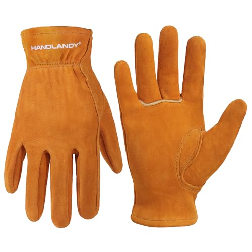 HANDLANDY Kids Leather Gardening Gloves, Kid Work Gloves, Orange, M