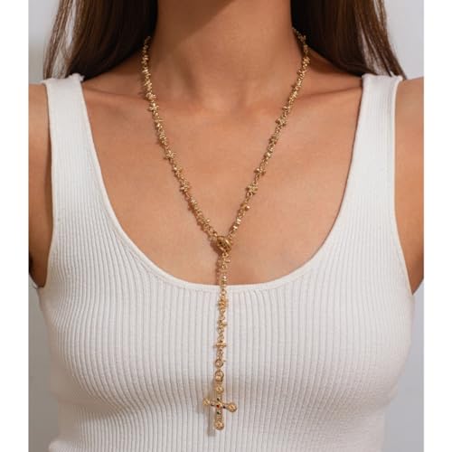 Vintage CZ Diamond Gold/Silver Chain Cross Necklace for Women,Long Pendant Necklace 18k Gold Plated Choker Necklace for Women,Trendy Jewelry Gifts for Women.3