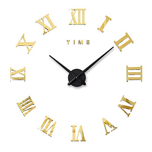 sdtdia Reloj de Pared Grande sin Marco Moderno DIY Pegatinas de Espejo acrílico 3D Números Romanos Reloj de Pared Relojes Grandes de Metal (Oro)