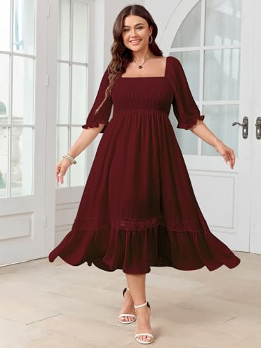 Image of SCOMCHIC Women's Plus Size Boho Maxi Dress Short Sleeve Square Neck Smocked Flowy A-Line Lace Trim Wedding Guest Dresses