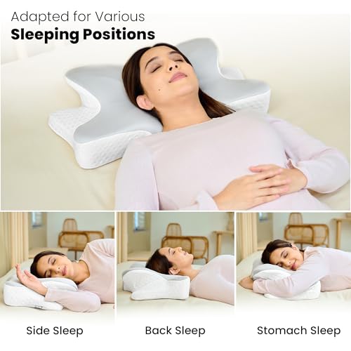 Image of CareFoam Butterfly Memory Foam Orthopedic Pillow with Arm Rest & Dual Height | Neck Head & Shoulder Support Effective for Sleep Disorders, Insomnia, Snoring & sleep Apnea | White & Grey Jacquard Cover
