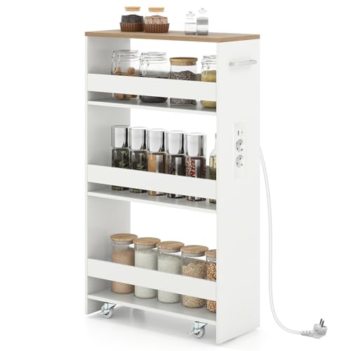 COSTWAY Chariot de Rangement Roulant 20 cm, Mltiprise avec Ports USB, Desserte de Cuisine à 4 Niveaux, roulettes avec Frein et Poignée Latérale, Design...