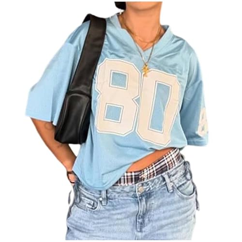 Oversized Jersey Women Summer Tops 2024 Grunge Graphic Tees Y2k Streetwear Short Sleeve Shirts (Blue,S,Small)