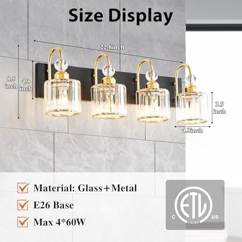 Image of Bathroom Vanity Light Fixtures Over Mirror - Makeup Lighting Black Gold - for Modern Wall, Bath, Desk, Farmhouse, Hallway - 4 Crystal Lights