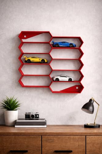 Image of 10-Car Hexagon Wall Rack Compatible with Hot Wheels Stand & 1:64 Die-Cast Cars | Stackable Wall Car Display Organizer with Side Guards & Screw Slot | Home & Office Decor (NO CAR INCLUDED)(Red)