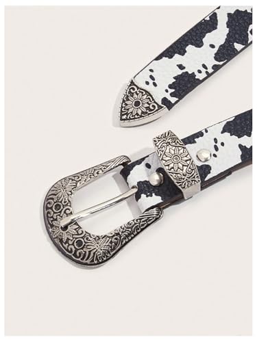 Women's Cow Print Buckle Belt Western Leather Belt Cowgirl Waist Belts4