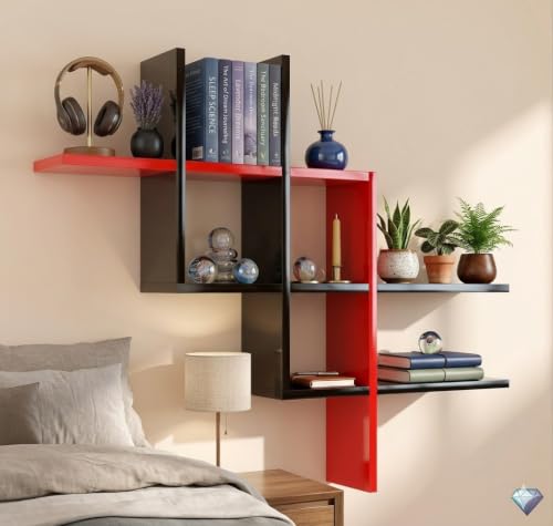 Image of Wooden Wall Shelves for Living Room, Kitchen, Hallway, Bedroom, and Bathroom; Wall Mounted Book Shelf; Wall Shelf for Photos and Decorations; Bend Shelve (Plus New R /Blk)