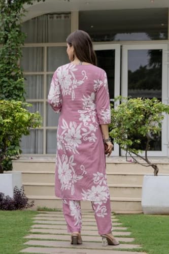 Image of Women's Floral Printed Cotton Blend 3 /4th Sleeve Knee Length V-Neck Kurta and Pant Set for Women (Pack Of 1)