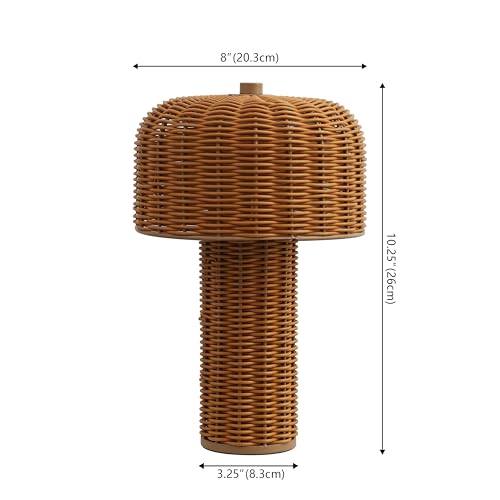 Image of JONATHAN Y 10 inch Light Brown /Brown Modern Scandinavian Faux Wicker Rechargeable Table Lamp Set of 2, Cordless Dimmable Integrated LED Lantern for Indoor /Outdoor Patio, Woven Shade (JYL7155B-SET2)