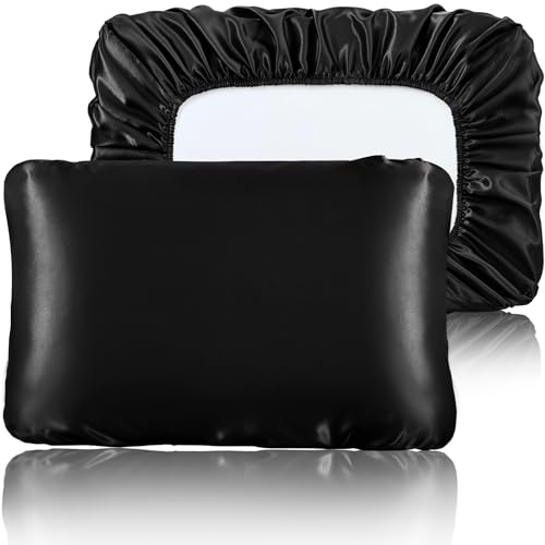 SiinvdaBZX Black Satin Pillowcase Standard/Queen Size Set of 2, Silky Travel Elastic Band Satin Pillow Case for Hair and Skin, Soft Portable & Fit for Various Pillow