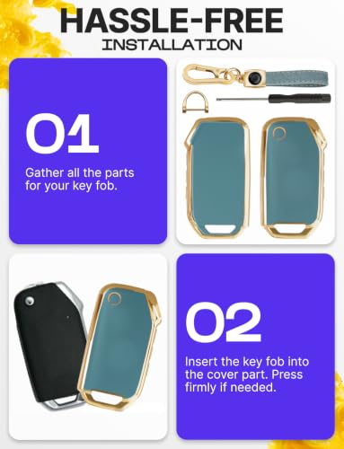 Image of Lucrum Key Fob Cover for Kia, TPU KeyFob Case & Leather Keychain | Fits ONLY FLIP Cadenza Forte K5 Niro Seltos Sorento Soul Sportage, 4 Button Keyfob Case (2018-2025) - Blue and Gold