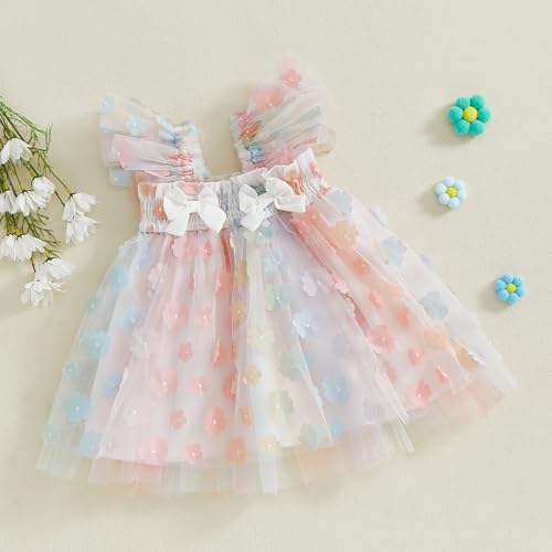 Toddler Girls Tulle Dress Fly Sleeve Smocked Bow Flower Layered Tutu Princess Dresses Summer Beach Sundress2