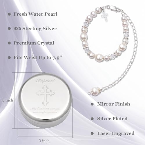 Baptism Bracelet in Sterling Silver and Cultured Pearls for Baby Girls, with Silver-plated Jewelry Keepsake Box, Great Catholic Christening and Baptism Gifts for Girl2