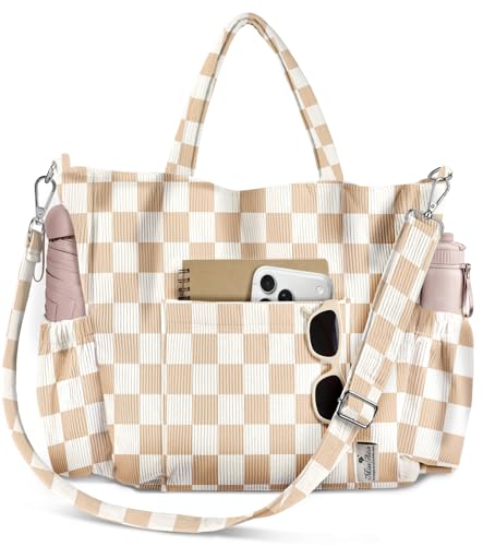 Miss Adola Crossbody Corduroy Tote Bag for Women Large Tote Bag with Multi-Pockets and Zipper Cute Essentials for Travel Work - Khaki Checkered