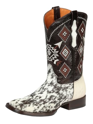 Men's Cowboy Western Rodeo Boots Hair Cowhide Square Toe White/Brown