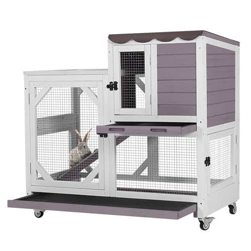 GUTINNEEN Rabbit Hutch Indoor Outdoor 2 Story Bunny House on Wheels Wood Rabbit Cage with 2 Pull Out Trays Guinea Pig Cage (Gray)