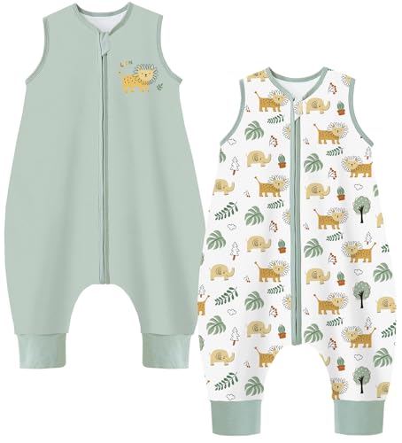 Image of Chilsuessy Toddler Sleep Sack with Feet 2-3 T, 1.0 TOG Cotton Baby Wearable Blanket with Legs, Sleep Bag Walker with 2-Way Zipper, Green & Lion