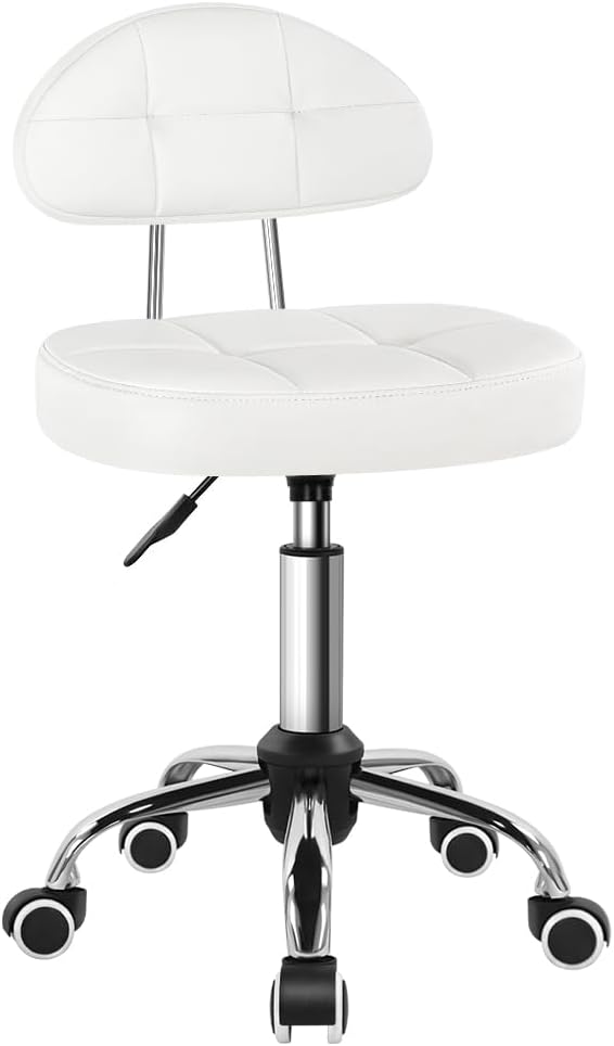 Photo 1 of Square Minimalist Swivel Stool with Wheel for Work SPA Shop Massage Height-Adjustable and Cost-Effective Rolling Stool Chair with Back White