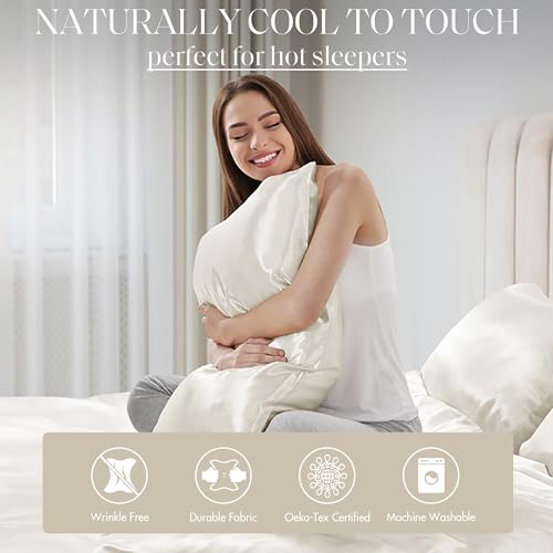 Image of Madison Park Essentials Set of 2 Satin Pillowcase for Hair & Skin, Luxuriously Soft, Silky with Natural Sheen Luster, Cool to Touch, Wrinkle-Free, Machine Washable, King Ivory 2 Piece | Pillowcase Cover for Hair & Skin, Luxuriously Soft, Natural Sheen Luster, Cool to Touch, Wrinkle-Free, Machine Washable