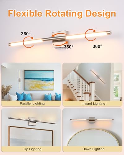 Image of TODOLUZ 36-Inch 5CCT 20W LED Bathroom Light Fixture, Modern Brushed Nickel 2700K-5500K Vanity Lighting Wall Sconce with Rotatable Lamp Tube
