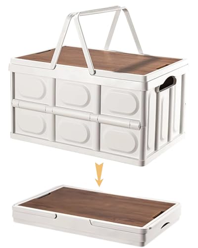 30L Collapsible Picnic Basket Foldable Folding Camping Box with Lid and Handle Collapsible Storage Bin with Waterproof Fabric Plastic Waterproof Storage Basket for Camping Picnic Home Outdoor White