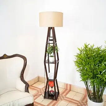 MF Super Wooden Floor Lamp with 4 Shelves, LED Bulb Included with Colors Shade for Home & D?cor(Jute, Hood, Dark Brown Stand, Pack of 1)