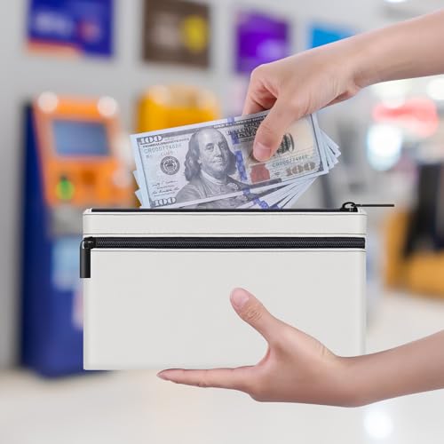 HAUTOCO Geldtaschen Banktasche, PU-Leder Zwei Taschen Geldmappe mit Reißverschluss für A5 Dokumententasche Geldscheintasche, Banktasche 28 x 15.5 cm für Geschäftlich Haushalt, Weiß