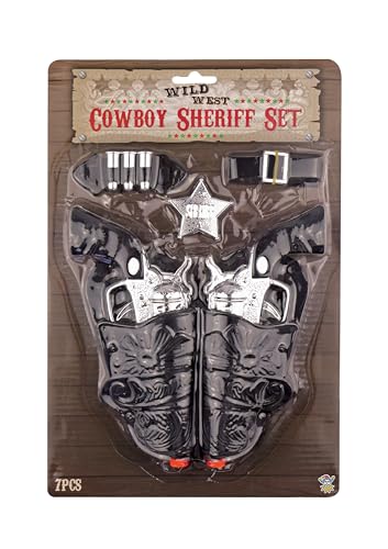 Henbrandt [x] Cowboy Sheriff 7-Piece Fancy Dress Costume Sets - Twin Toy Guns Holsters Bullets Belt Badge Wild West Children Adults Halloween Cosplay