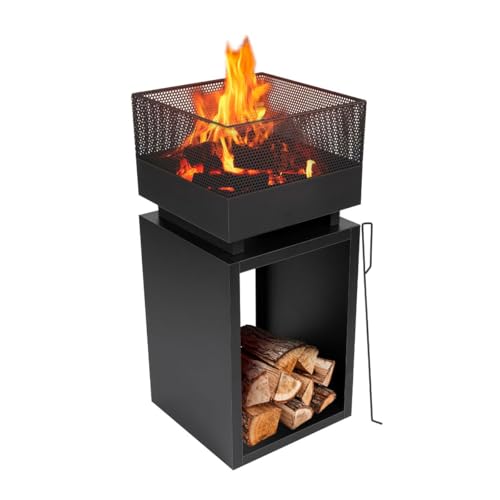 BBQ Collection Feuertonne mit Funkenschutz - Feuerkorb 39 x 39 x 85 cm - Gartenkamin für Brennholz - Terrassenofen mit Schürhaken und Brennholzlager - Deko Terrasse - Karbonstahl