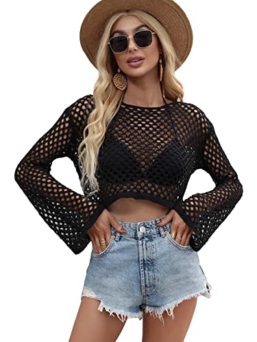 Image of Women Crochet Hollow Out Sweater See Through Fishnet Knit Pullover Cropped Tops