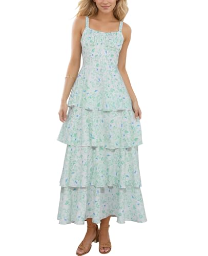 Image of Tiered Ruffle Dress Women Casual Summer Spaghetti Strap Sleeveless Floral Layered Maxi Dress for Women Beach Sundress