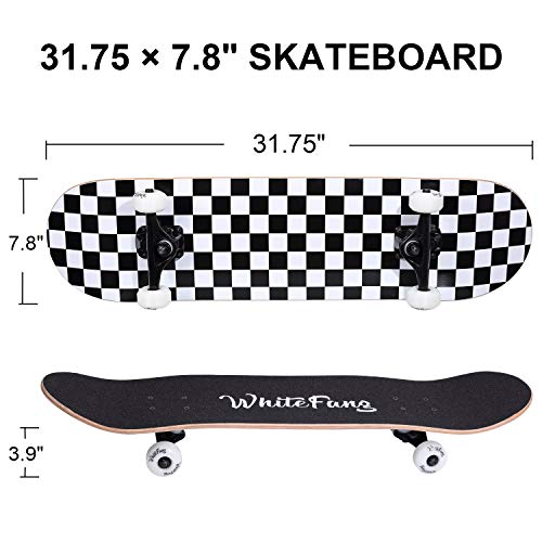 Image of WhiteFang Skateboards for Beginners, Complete Skateboard 31 x 7.88, 7 Layer Canadian Maple Double Kick Concave Standard and Tricks Skateboards for Kids and Beginners
