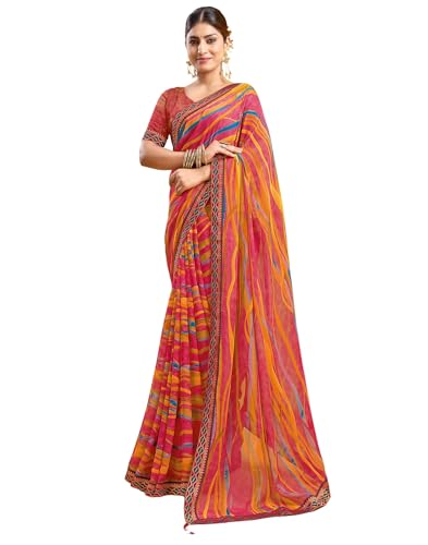 Image of SIRIL Women's Printed Chiffon Saree with Unstitched Blouse Piece