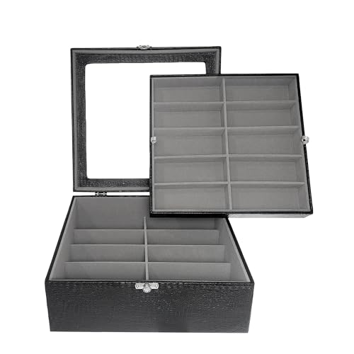Estojo Porta Óculos 20 Casulos Preto Com Interno Aveludado Cinza Caixa Organizador Maleta