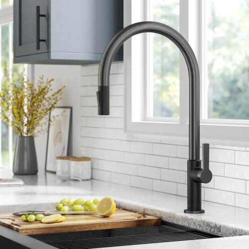 Image of KRAUS Oletto High-Arc Single Handle Pull-Down Kitchen Faucet in Matte Black /Spot Free Black Stainless Steel, KPF-2821MBSFSB
