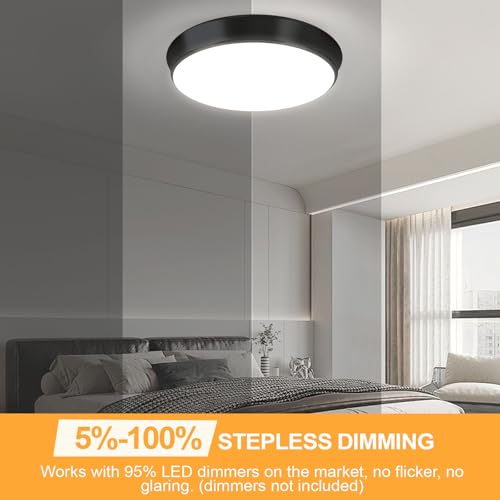 Image of 36W Black Flush Mount LED Ceiling Lights, 13in 4000lm Super Bright Dimmable LED Ceiling Light Fixtures, 2700K /3000K /4000K /5000K /6500K Adjust, Modern Ceiling Lamp for Bathroom Hallway, 2-Pack