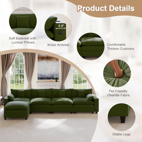 Image of KCGKCG 152 inch Modular Sectional Sofa, L Shaped Cloud Couch with Movable Ottoman, Chenille Deep Seat Cloud Sofa with Charging Station, Cup Holder, Side Pocket, Sectional Couches for Living Room, Green