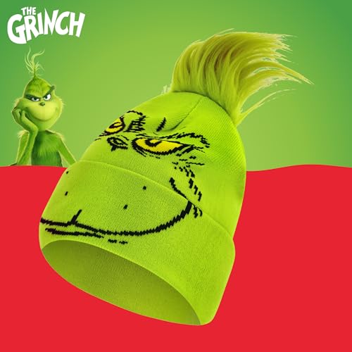 Dr. Seuss The Grinch Beanie Hat, Adult Knit Roll Down Cuffed Winter Cap with Faux Fur Hair, Green, One Size