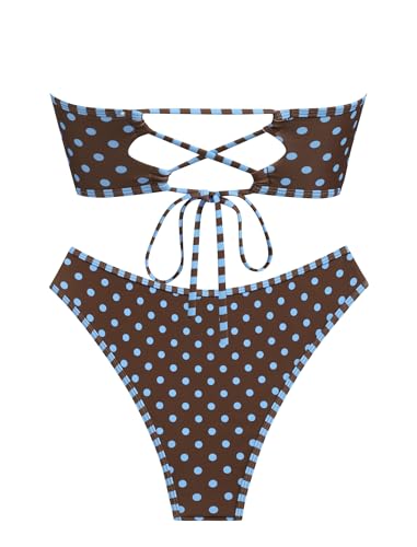 Image of ZAFUL Women Strapless Textured Bandeau Bikini 2 Piece Swimwear Cheeky Solid Lace up Bathing Suits